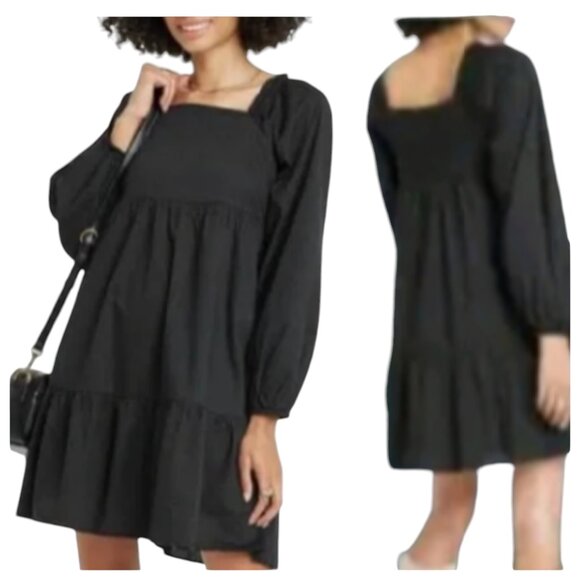Universal Thread Ebony Smocked Tiered Mini Dress Balloon Sleeves Sz Large NEW - Picture 1 of 15